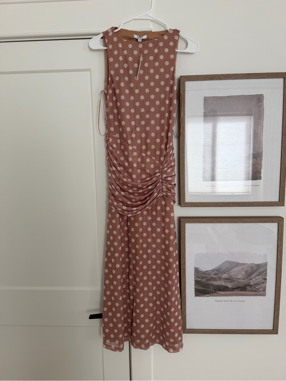 AFRM Polka Dot Ruched Midi Dress - Blush with Cream Dots
